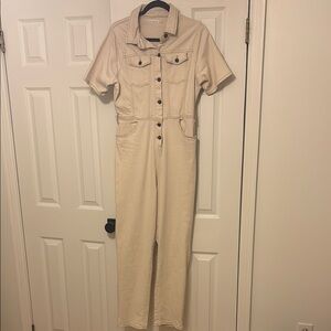 Avec Les Filles Beige Button-Up Jumpsuit